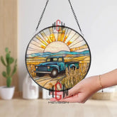 Vintage Truck Stained Glass Suncatcher Rustic Farm Sunset Window Panel Blue Pickup Wheat Field Decor Country Farmhouse